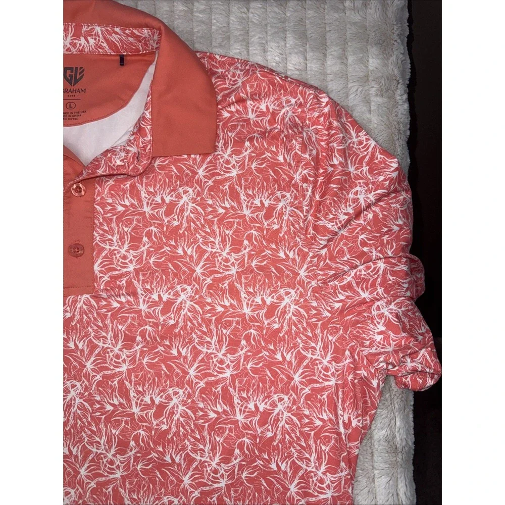 Graham Luxe Polo L Golf Shirts‎ Mens 2 Pack Bundle Set Coral Floral Blue Circles